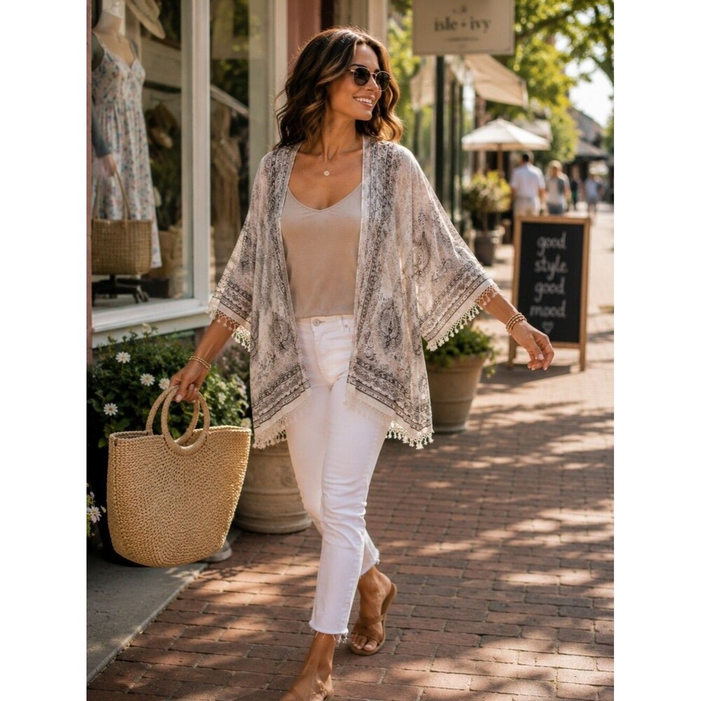 Paisley Sheer Kimono Fringe Trim Duster OSFM Cream Mauve Brown Embroidered Fring